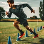 Pemain sepak bola melakukan latihan kecepatan dengan menggunakan kerucut di lapangan rumput, menunjukkan kelincahan dan kecepatan.