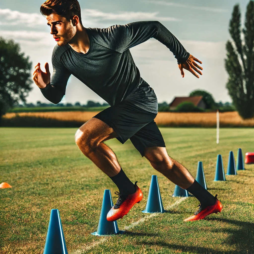 Pemain sepak bola melakukan latihan kecepatan dengan menggunakan kerucut di lapangan rumput, menunjukkan kelincahan dan kecepatan.